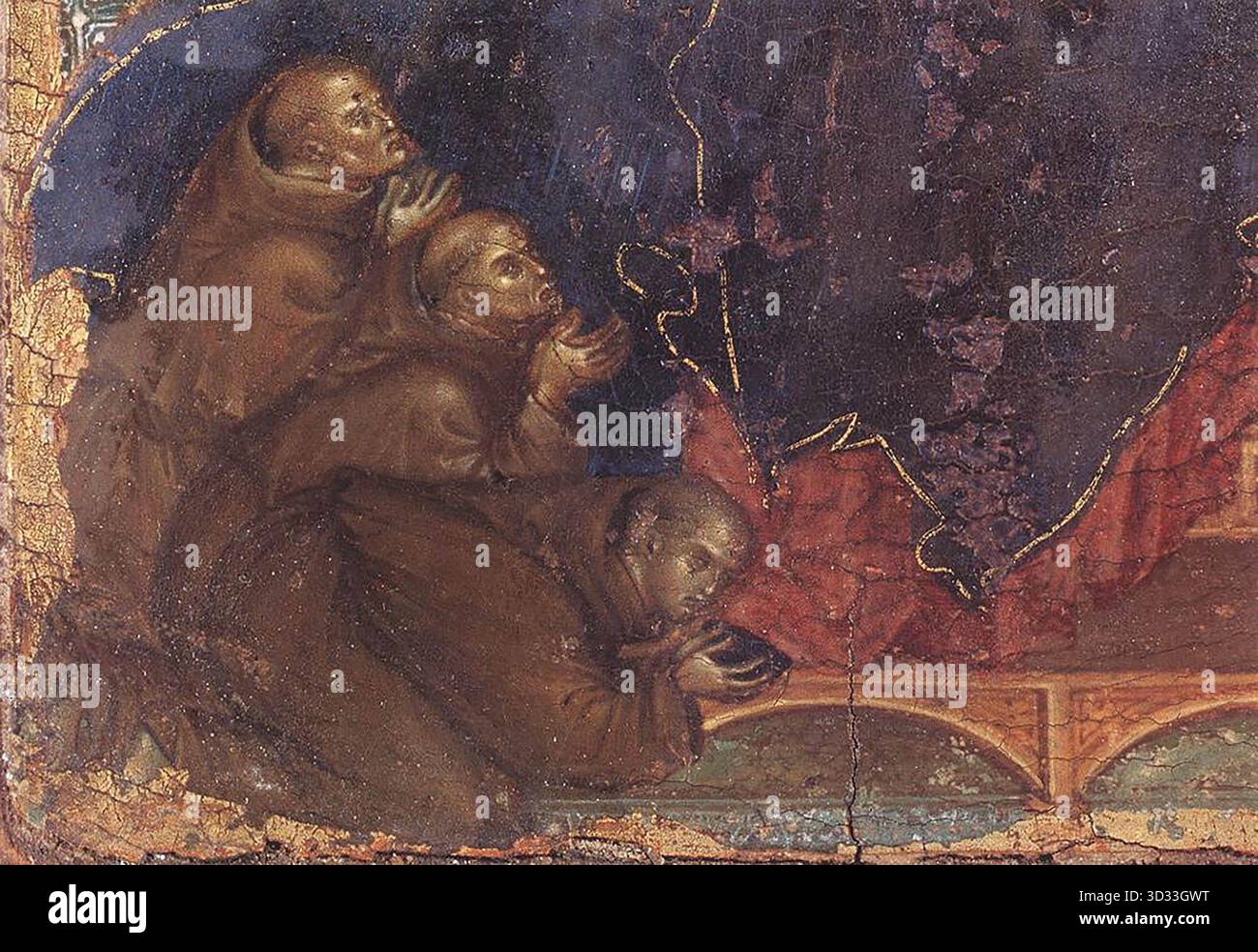 DUCCIO di Buoninsegna (* ca. 1255, Siena, d. 1319, Siena) Madonna der Franziskaner (Detail) ca. 1300 Tempera auf Holz, 23,5 x 16 cm (Vollgemälde) Pinacoteca Nazionale, Siena das Detail zeigt die drei knienden Brüder, für die der Segen des Kindes bestimmt ist. --- Schlüsselwörter: ----------------- Autor: DUCCIO di Buoninsegna Titel: Madonna der Franziskaner (Detail) Zeitlinie: 1301-1350 Schule: Italienisch Form: Malerei Art: Religiös Stockfoto