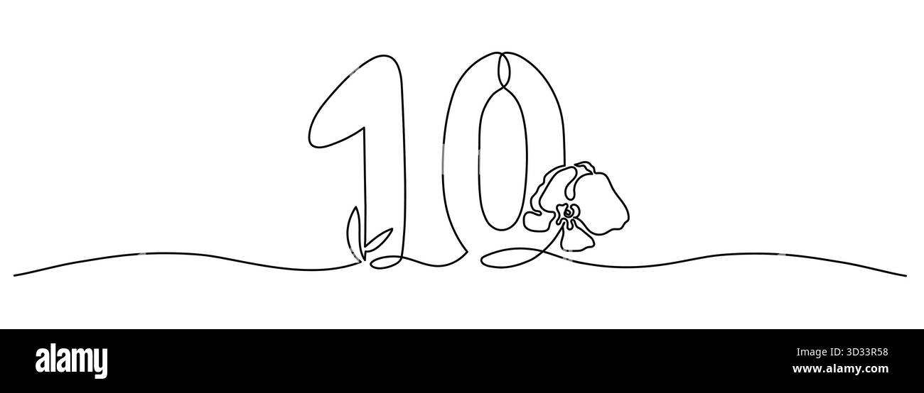 Bearbeitbare durchgehende Linienzeichnung der Zahl 10 mit Orchideenblume. Minimalistisches Monoline-Design. Stock Vektor