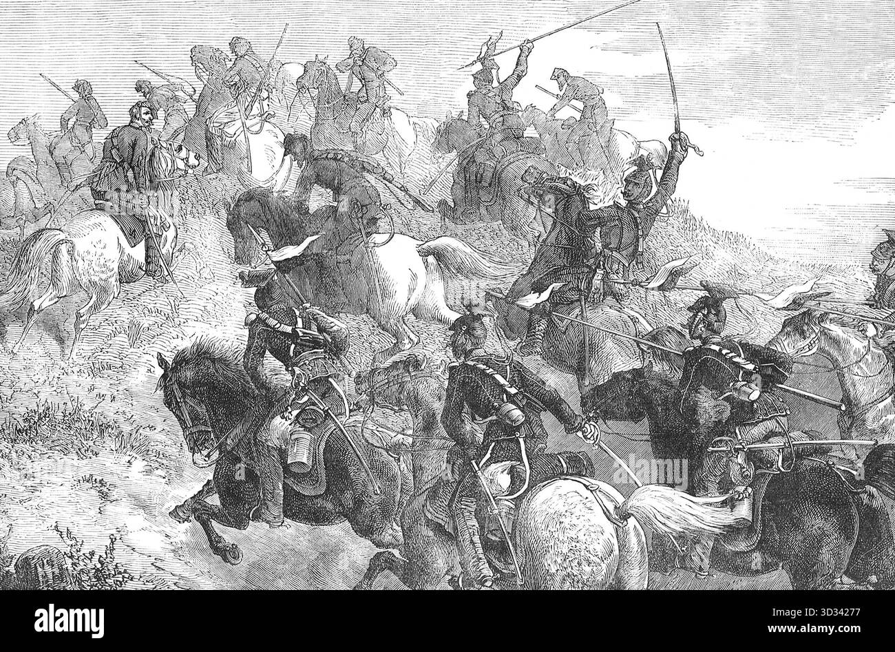 Ein Kavallerie-Gefecht zwischen preußischen Ulanen und französischen Chasseurs d’Afrique in der Schlacht bei Wörth am 6. August 1870 während des Deutsch-Französischen Krieges Stockfoto
