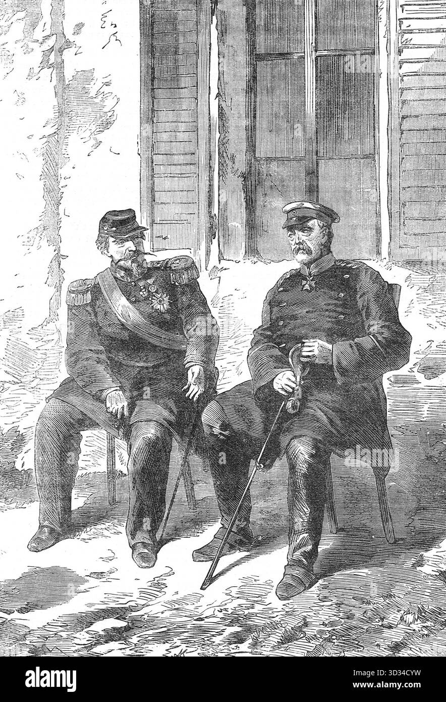 Treffen von Bismarck und Napoleon III. In Donchery, nach der französischen Niederlage in der Schlacht von Sedan während des Deutsch-Französischen Krieges Stockfoto