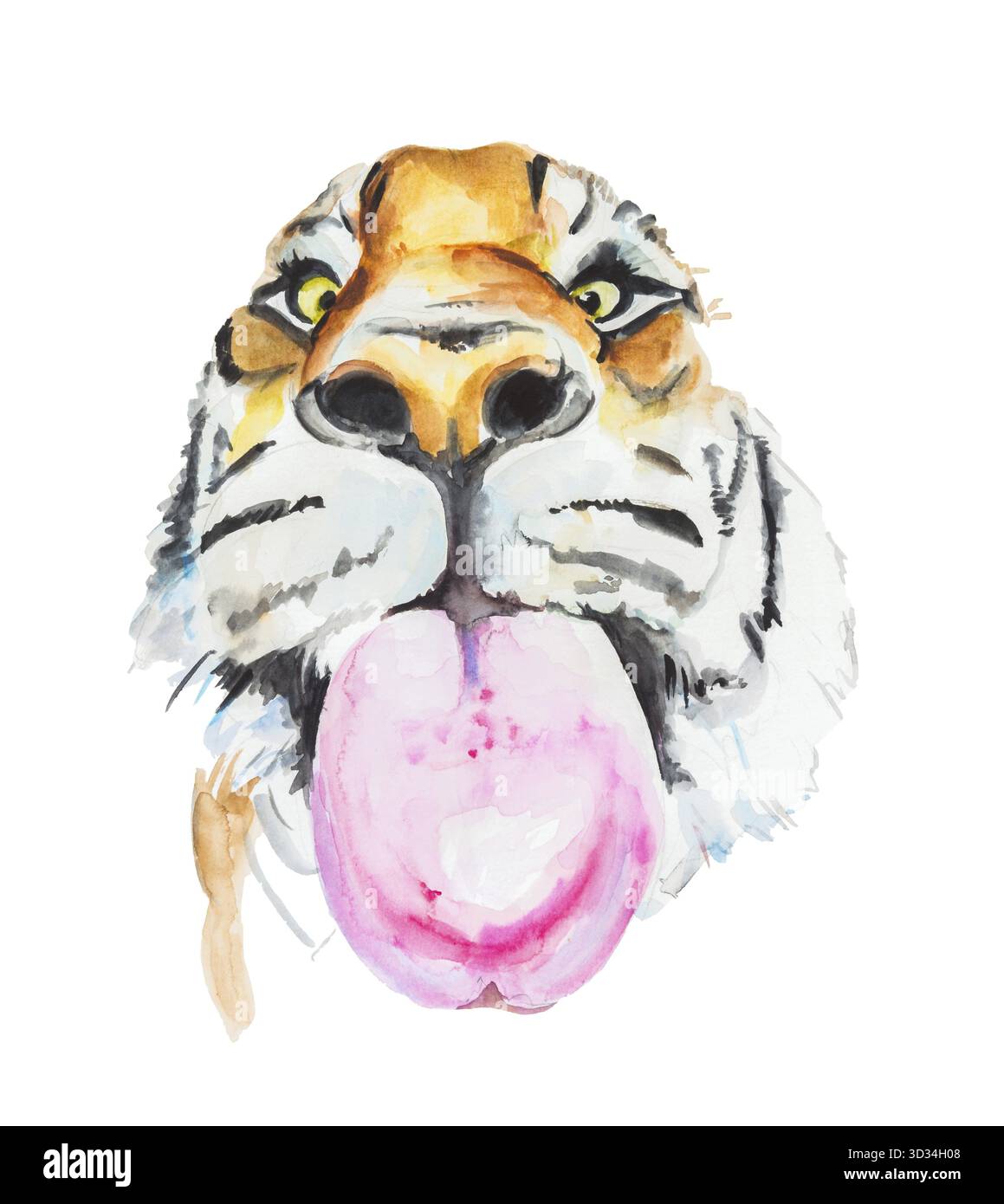 Wasserfarbenskizze des Tigers isoliert auf weiß. Lustiger Kopf mit Zunge Stockfoto