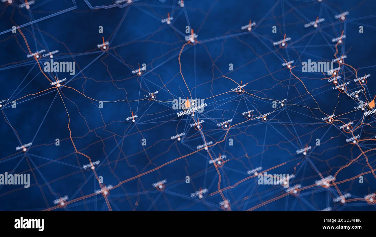 Minneapolis MAP Big Data Visualisierung. Futuristische Karte Infografik der Stadt in den USA. Komplexität visueller Kartendaten in modernen Blau- und Orange-Farben Stockfoto