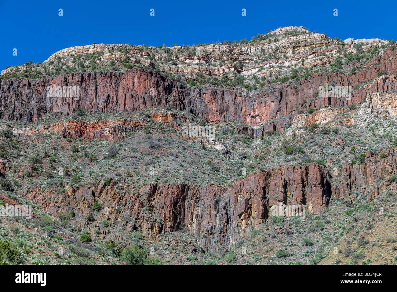 Die Klippen in diesem Abschnitt des Salt River Canyon, Arizona, zeigen eine eindrucksvolle Sequenz von alten vulkanischen und sedimentären Schichten Stockfoto
