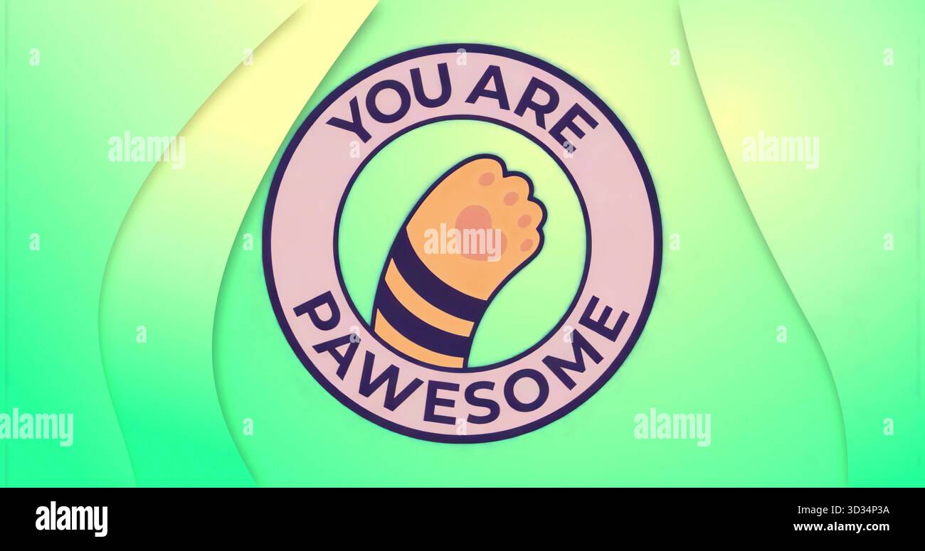 Das kreisförmige Abzeichen mit dem Katzenpfoten-Symbol auf grünem Hintergrund zeigt, dass SIE PAWESOME SIND Stockfoto