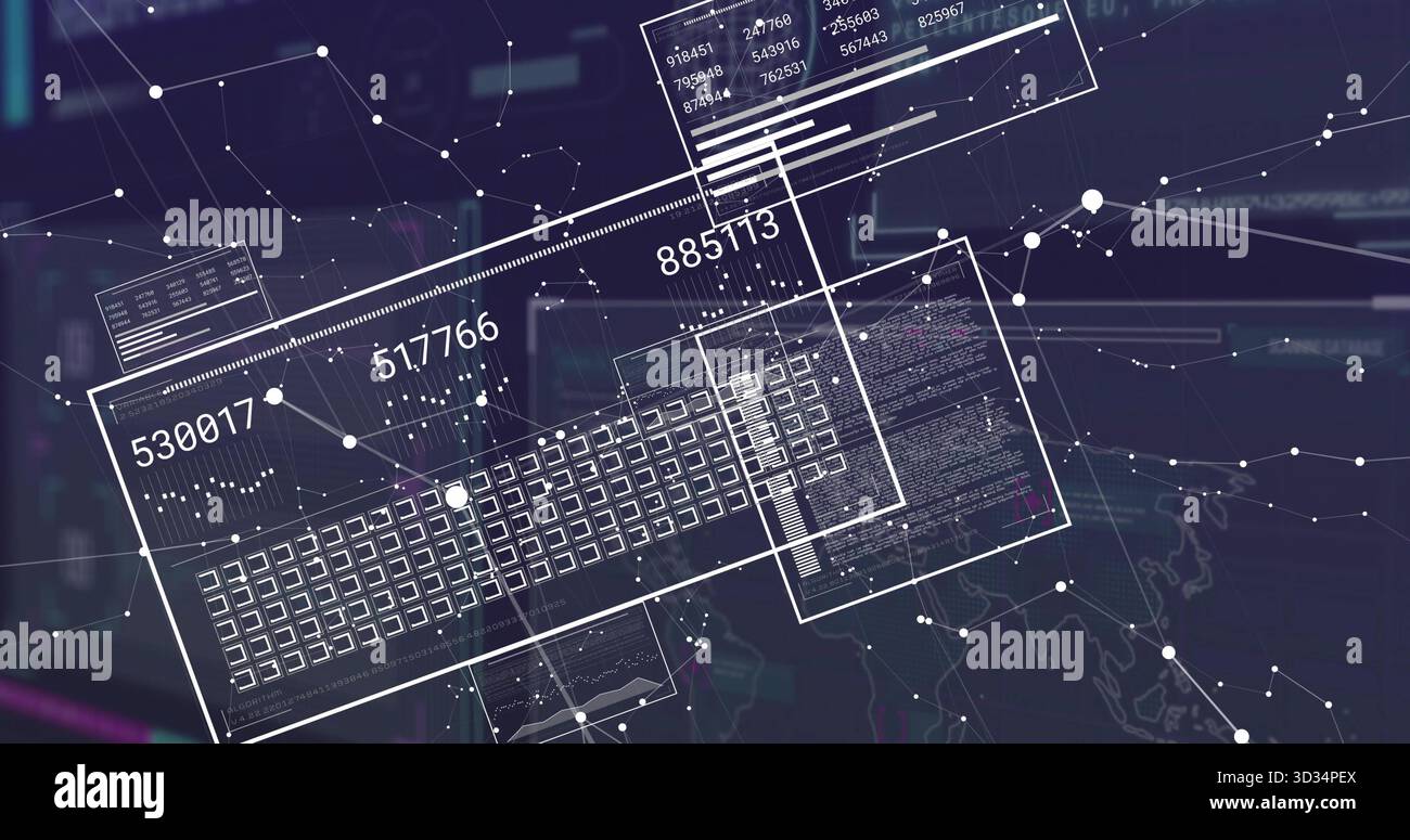 Anzeige von durchsichtigen Datenfeldern auf dem technischen Dashboard mit numerischen Codes, Matrixraster und Knotenverknüpfungen Stockfoto