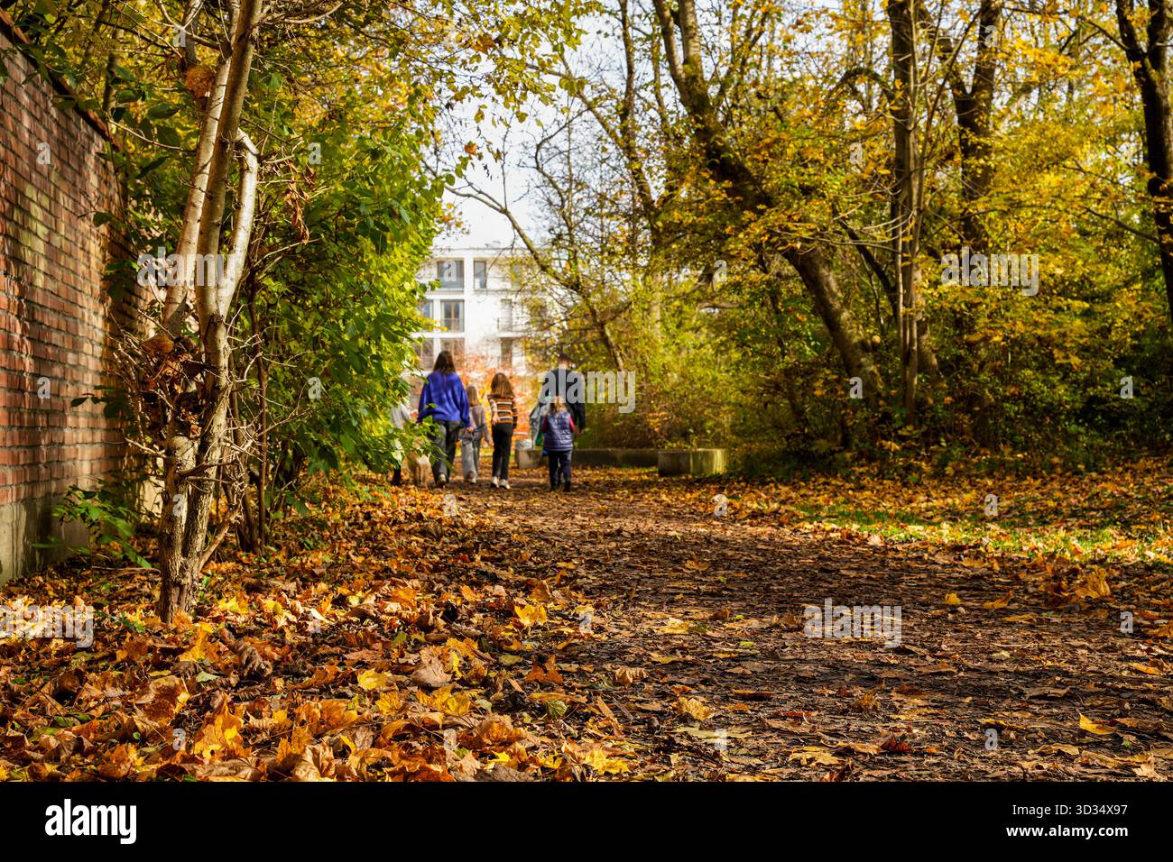 Die Familie genießt während der Herbstsaison Einen gemütlichen Spaziergang entlang Eines Pfades, der mit bunten gefallenen Blättern bedeckt ist Stockfoto