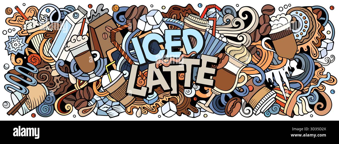 Vektor-Kritzelbanner-Illustration von Eiskaffee und kalten Kaffeegetränken mit Tassen, Bohnen, Eis, Milch und Café-Elementen. Ideal für Cafés im Sommer Stock Vektor