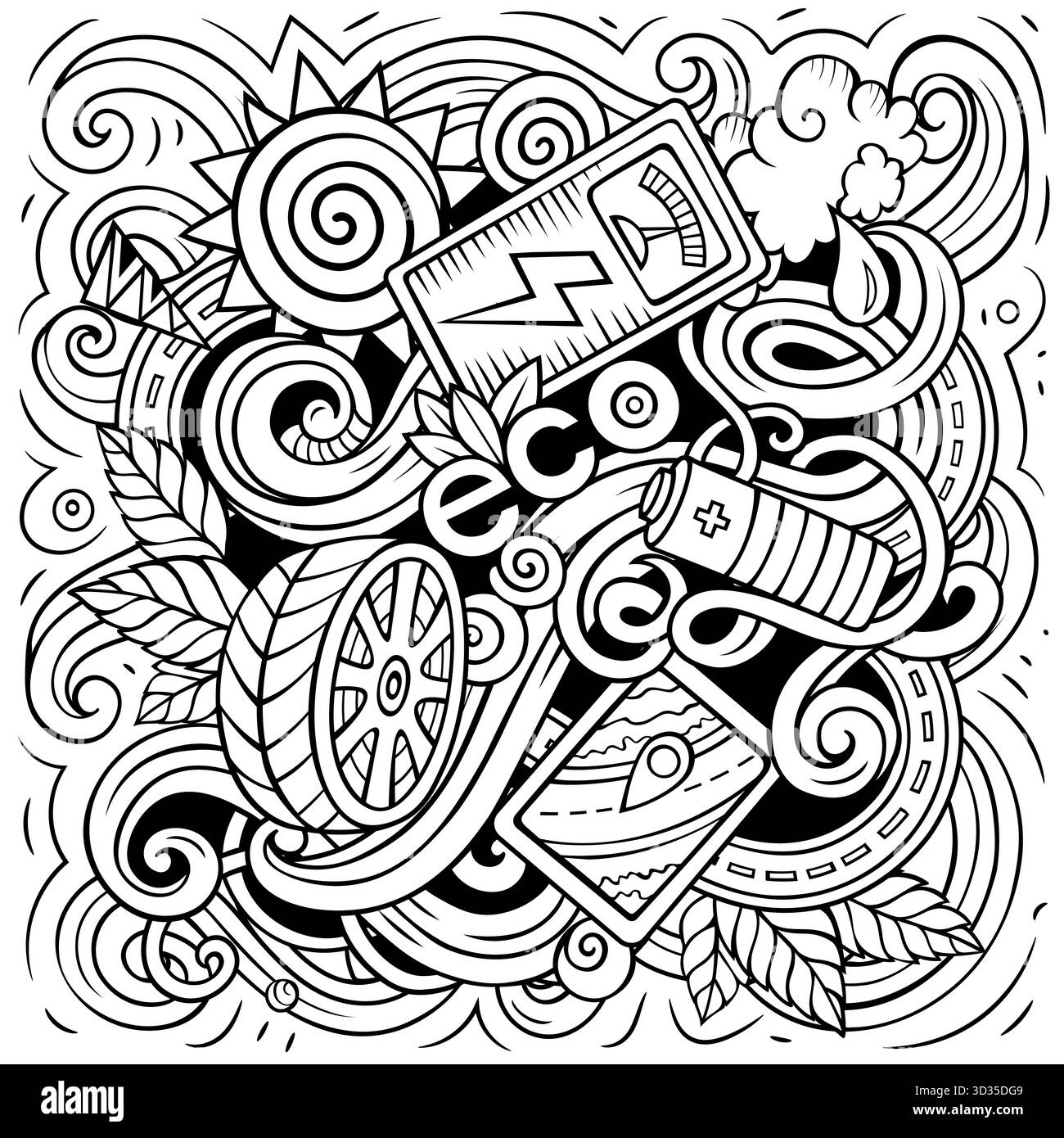 Vektor-Illustration von Elektrofahrzeugen, Öko-Energie, Ladestationen und grüner Technologie im Kritzelstil Stock Vektor