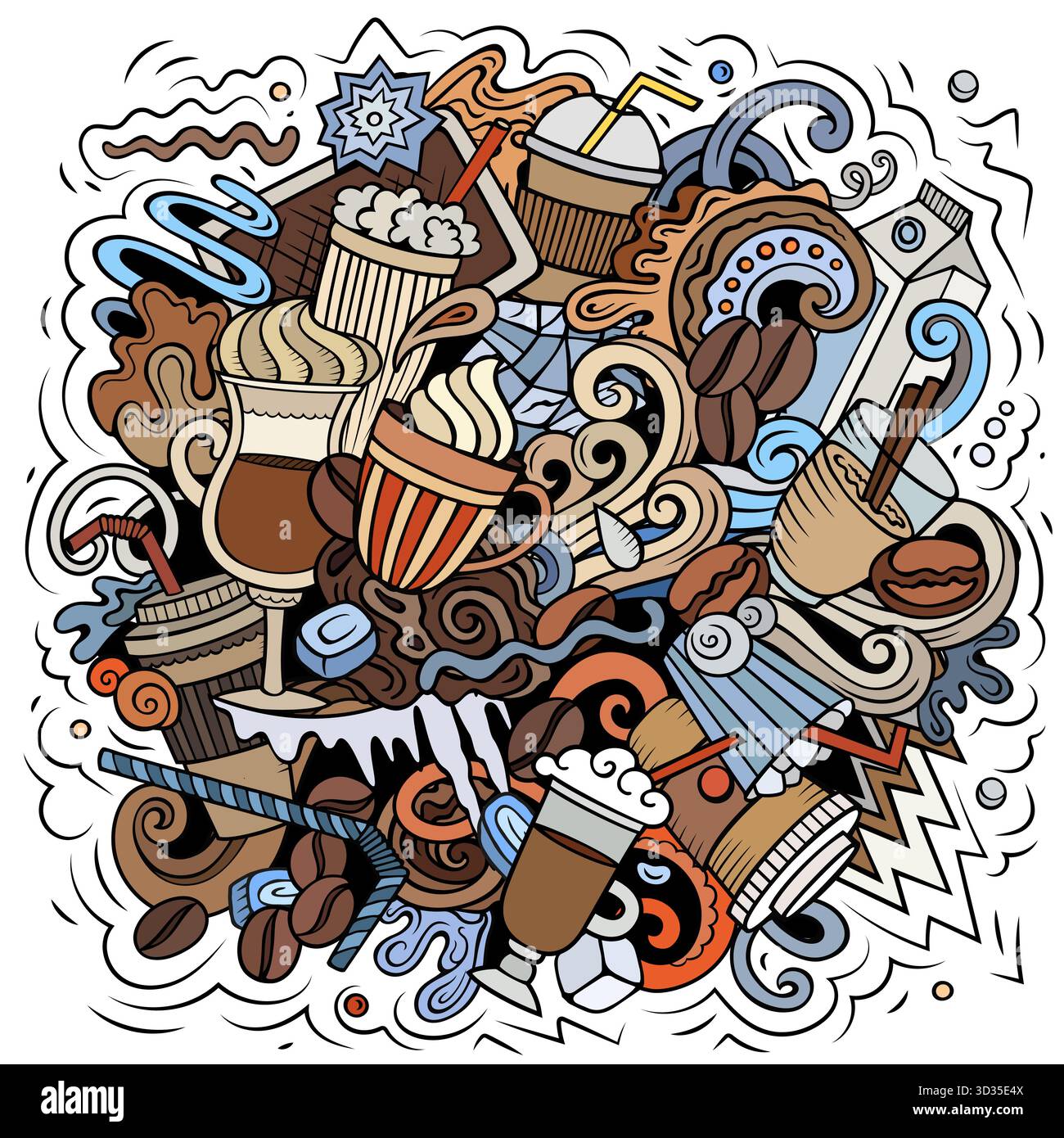 Vektor-Doodle-Illustration von Eiskaffee und kalten Kaffeegetränken mit Tassen, Bohnen, Eis, Milch und Café-Elementen. Perfekt für Coffee Shops, Sommerbier Stock Vektor