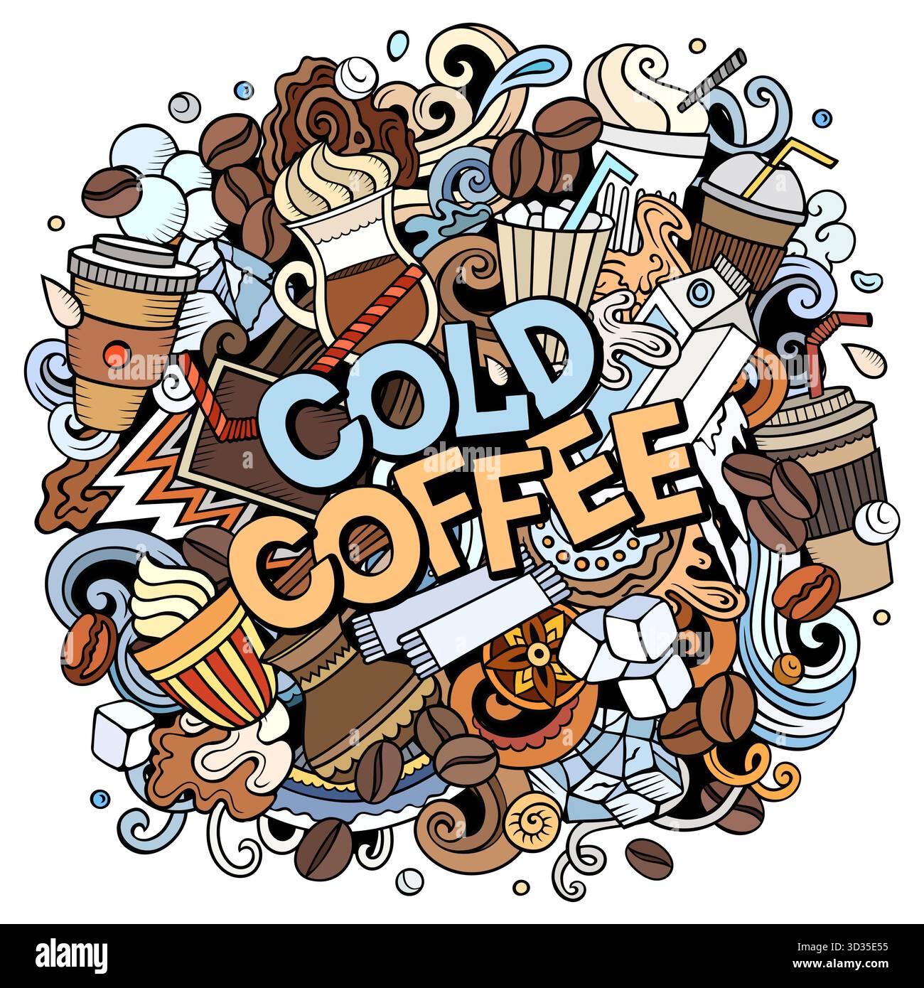 Vektor-Doodle-Illustration von kalten Kaffeegetränken, Tassen, Eis, Bohnen und Café-Elementen. Perfekt für Cafés, Sommergetränke, Verpackungen, Werbung Stock Vektor