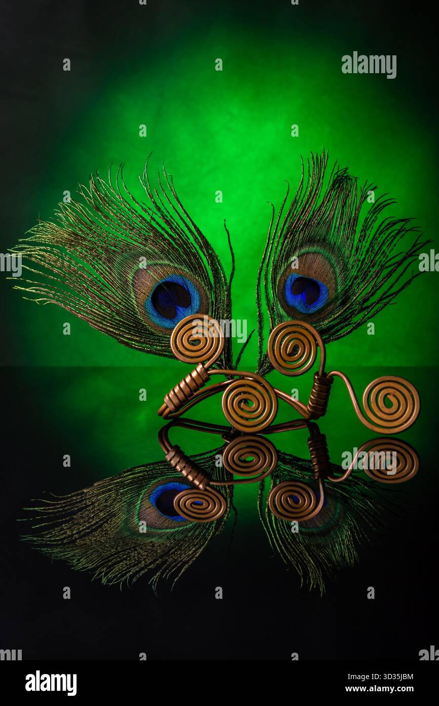 Zwei Pfauenfedern und Kupferdraht sind künstlerisch auf grünem Hintergrund angeordnet. Reflexionen auf schwarzer Oberfläche verbessern die Symmetrie und die leuchtende Farbe Stockfoto
