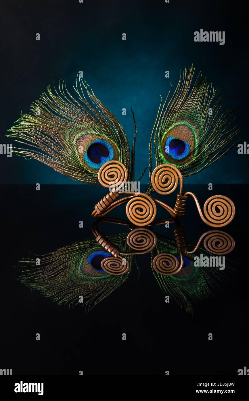 Zwei aufrechte Pfauenfedern mit Metallspiralen auf dunkelblauem Hintergrund. Reflexionen und komplizierte Details sorgen für ein markantes und elegantes Komposit Stockfoto