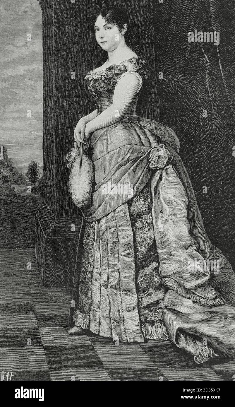 Natalie von Serbien (Natalie Petrovna Keschko) (1859-1941). Prinzessin von Serbien (1875–1882) und Königin von Serbien (1882–1889) als Ehefrau des Königs Mailand I. Sie heiratete am 17. Oktober 1875 Prinz Mailand IV. Porträt der Königin Natalie von Serbien nach einem Gemälde des österreichischen Malers Hans Canon (1829-1885). Gravur. La Ilustracion Espanola y Americana (die spanische und amerikanische Illustration), 1883. Stockfoto