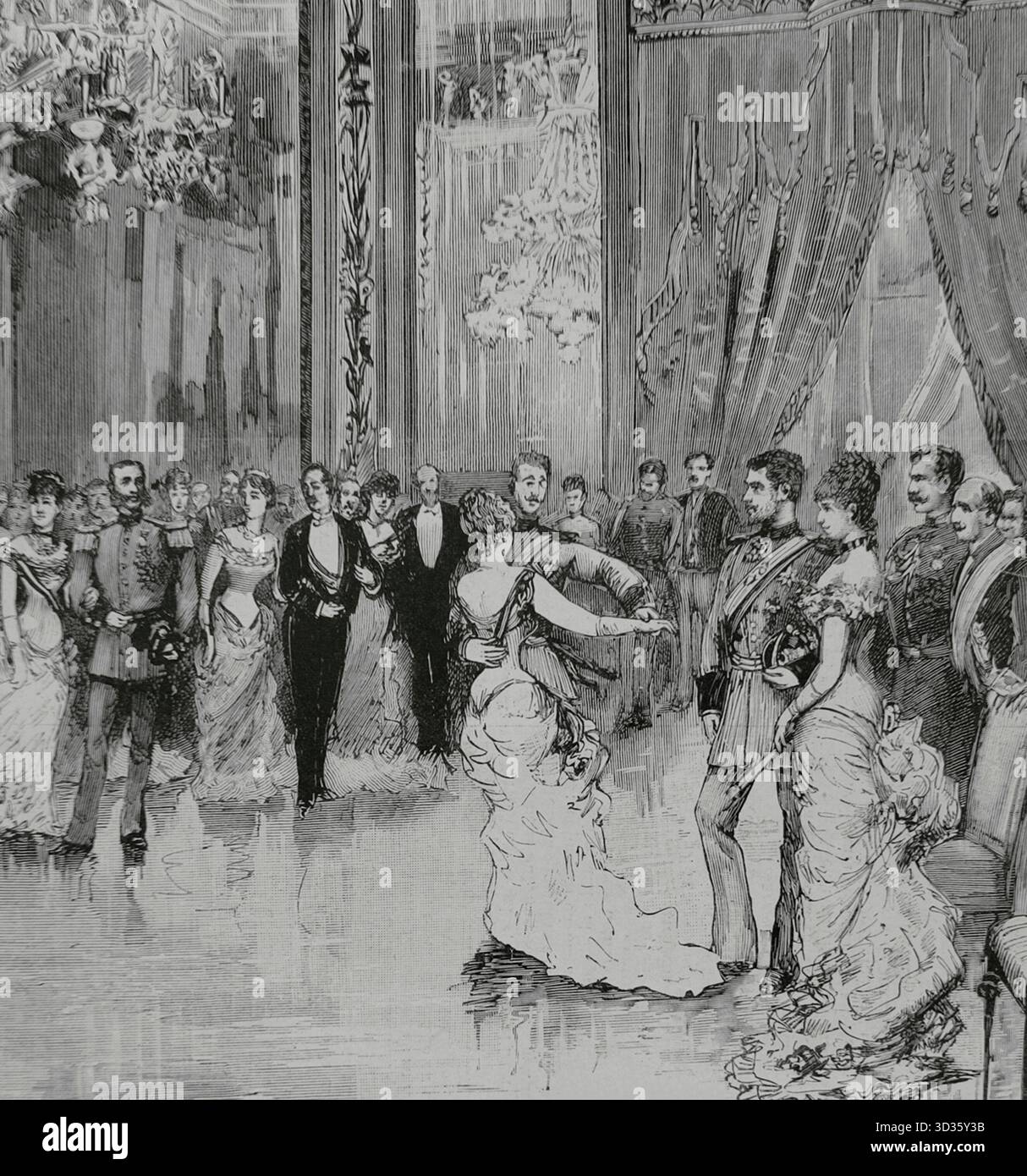 Infantin Maria de la Paz von Spanien (Maria de la Paz de Borbon) (1862-1946). Infantin von Spanien. Prinzessin von Bayern durch ihre Heirat am 2. April 1883 mit ihrem Cousin Prinz Ludwig Ferdinand von Bayern (1859–1949). Die Hochzeit wird im Königlichen Palast von Madrid gefeiert. Tanz zu Ehren der Neuvermählten im august. Der erste Walzer im Spiegelsaal. Zeichnung von Juan Comba. Gravur. La Ilustracion Espanola y Americana (die spanische und amerikanische Illustration), 15. April 1883. Stockfoto