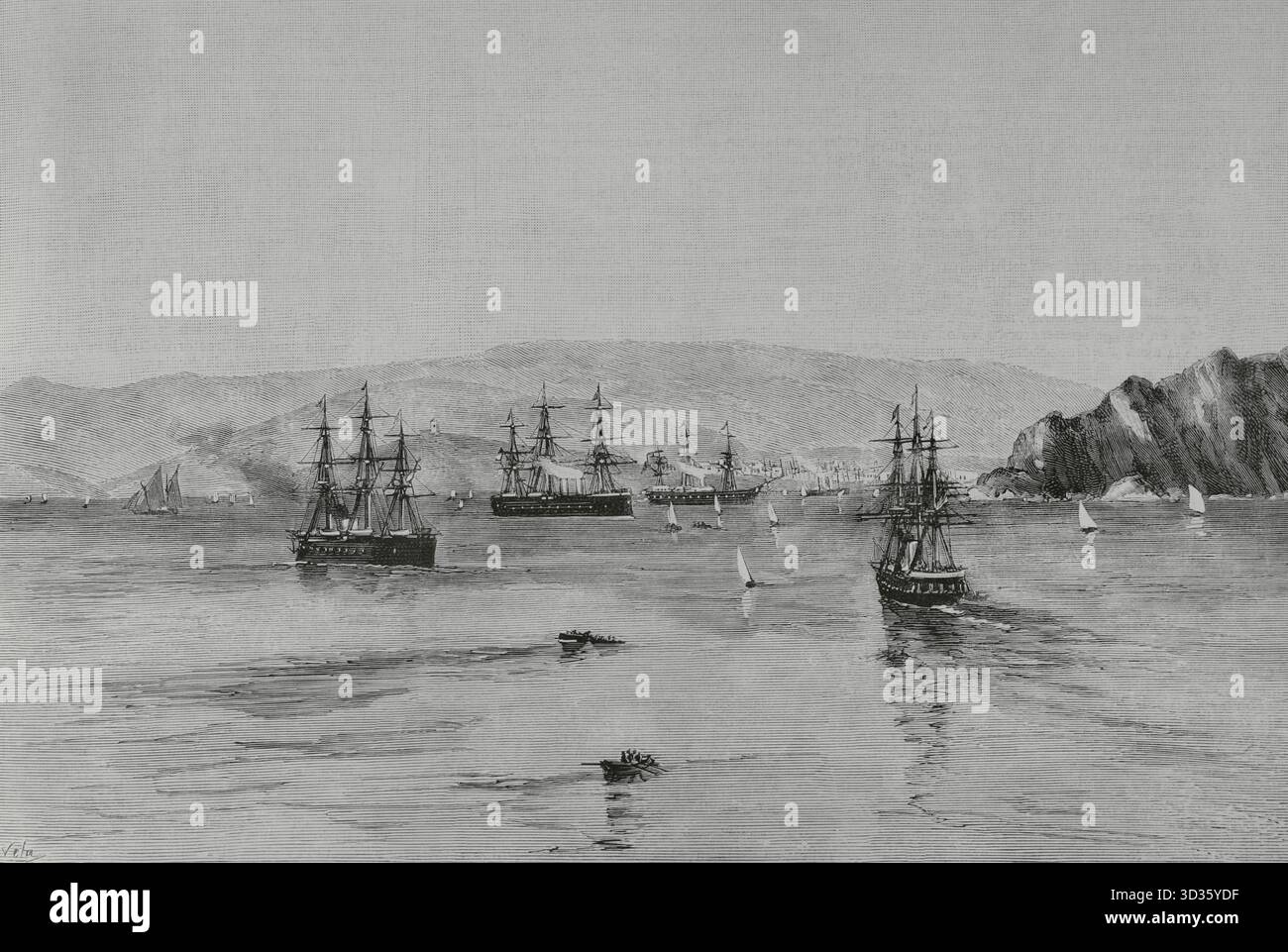 Reise der Könige von Spanien, Alfons XII. (1857–1885) und Maria Cristina de Habsburgo-Lorena (1858–1929), in die nordwestlichen Provinzen. Gijon, Asturien. Ankunft des Geschwaders am Hafen, um die Könige an Bord zu empfangen. Zeichnung von A. de Caula. Stich von Vela. Die spanische und amerikanische Illustration (La Ilustracion Espanola y Americana). 30. September 1884. Stockfoto