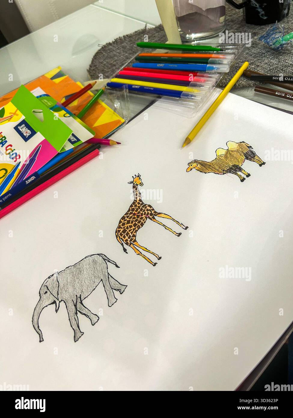Kreativer Arbeitsbereich mit farbigen Bleistiften und handgezeichneten Tieren wie Elefanten, Giraffen und Kamel auf weißem Papier. - Smartphone-aufgenommenes Stockfoto