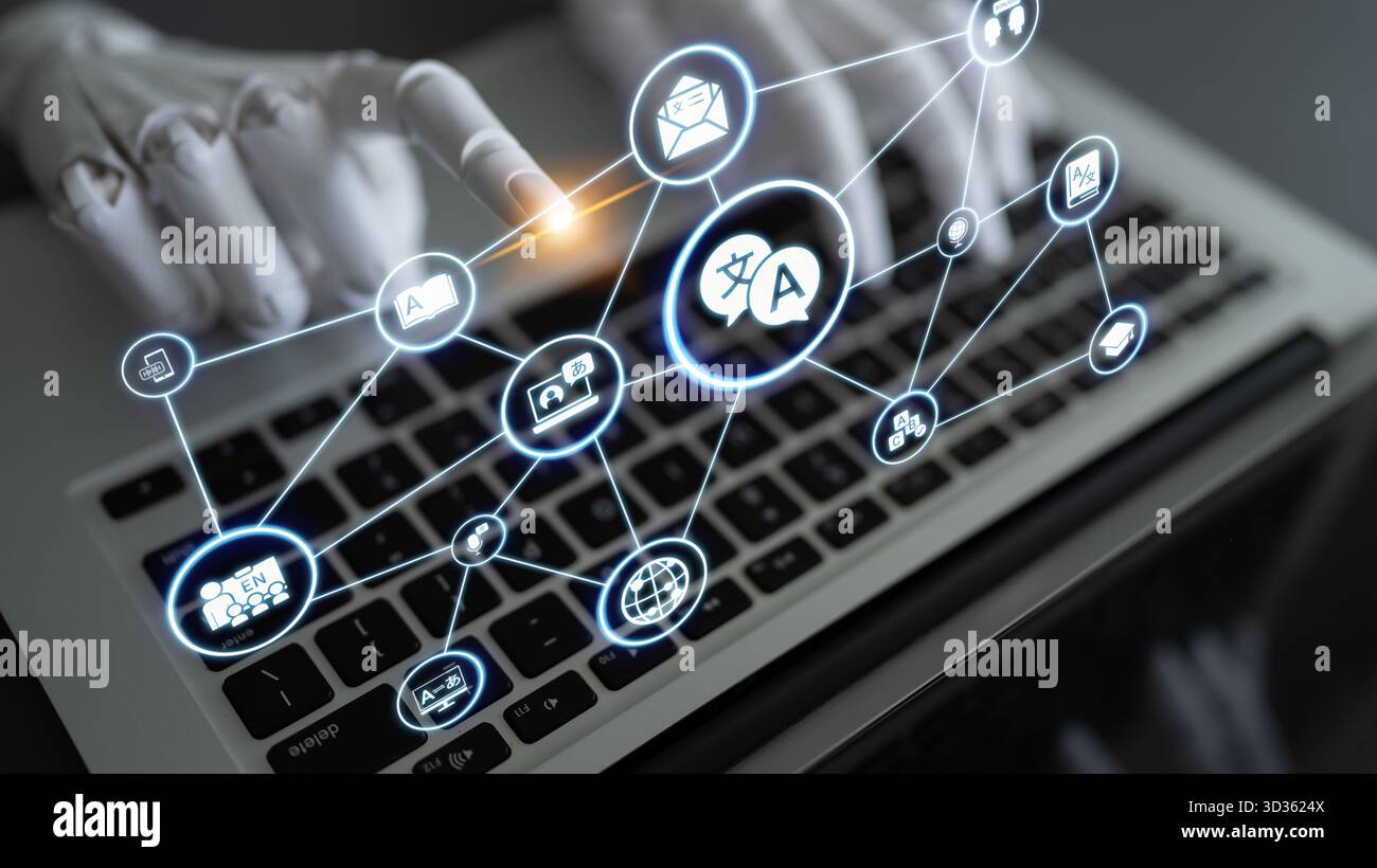 Künstliche Intelligenz unterstützt Übersetzungsdienste, ermöglicht mehrsprachige Kommunikation, verbessert die Genauigkeit und verbindet Menschen weltweit Stockfoto
