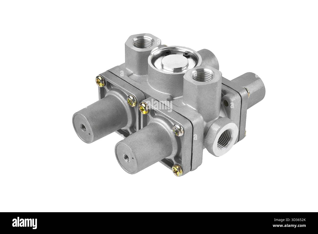 Mehrkreis-Sicherheitsventil der pneumatischen Bremsanlage von Fahrzeugteilen, Verteilerventil der Bremsanlage. Nahaufnahme selektiver Fokus Stockfoto