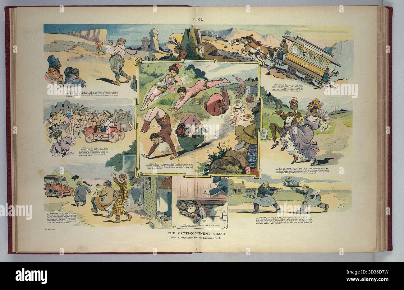 The Cross-Continent Craze: Einige besonders törichte Beispiele von Samuel D. Ehrhart, 1908. Eine satirische Illustration des Puck Magazins, die Spaß über Amerikas Besessenheit für Cross-Country-Reisen und Abenteuer-Herausforderungen im frühen 20. Jahrhundert macht, von waghalsigen Stunts bis hin zu Automobiltouren. Stockfoto