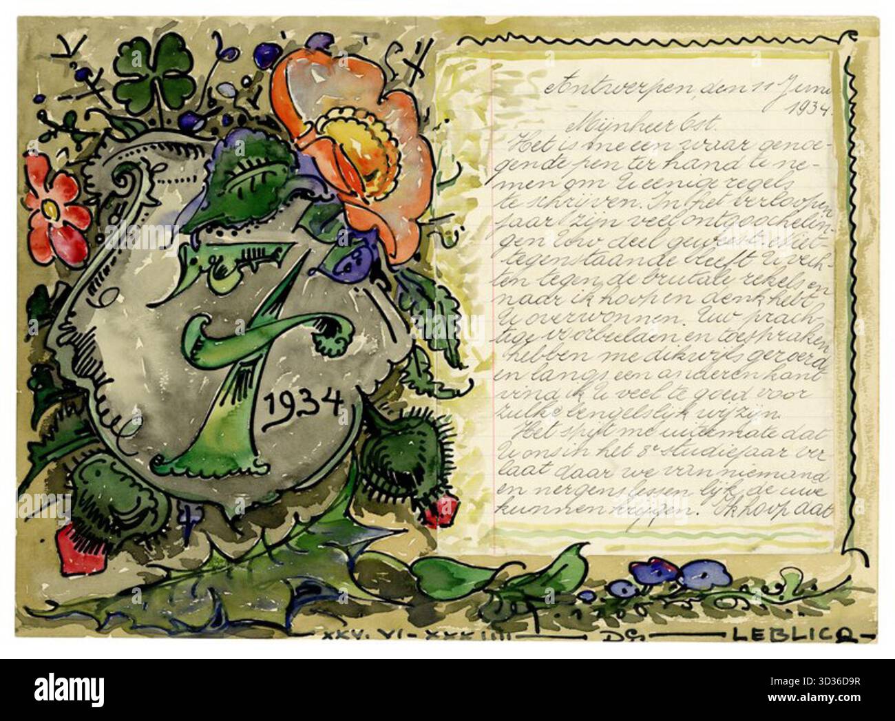 Alfred Ost: Brief Leblicq, 1934. Handgemalter illustrierter Brief mit kunstvoller Kalligraphie, lebendigen Blumendekorationen und persönlichen handschriftlichen Notizen vom 25. Juni 1934. Die Komposition kombiniert ausdrucksstarke Aquarellpinsel und Stiftdetails, die für den dekorativen und sentimentalen Stil von Ost aus Belgien der Zwischenkriegszeit charakteristisch sind. Stockfoto