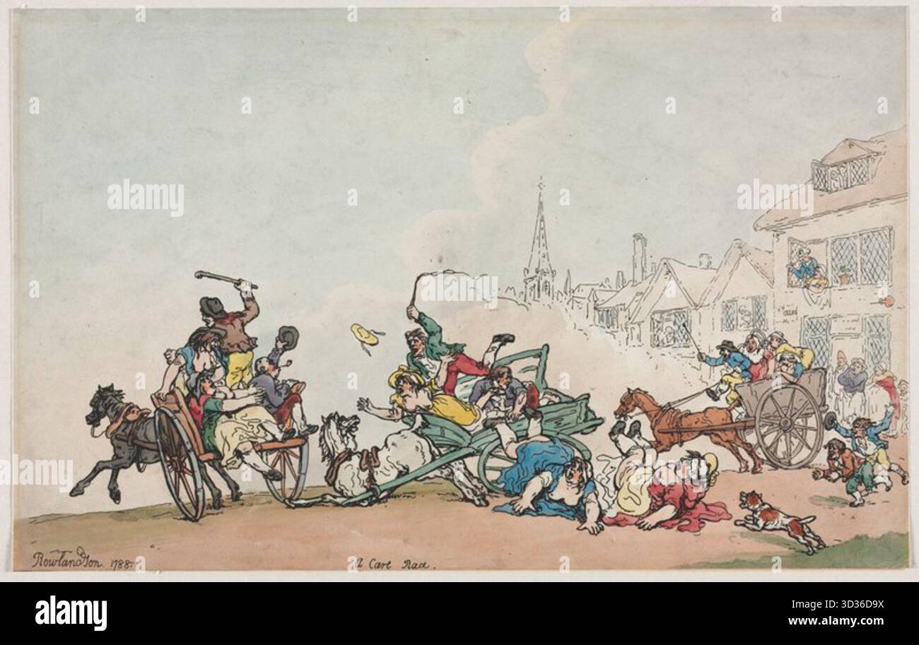 Thomas Rowlandson: A Cart Race, 1788. Humorvolle, handfarbene Ätzungen zeigen ein chaotisches ländliches Rennen zwischen Wagen voller animierter Figuren, Pferden und Zuschauern. Die lebhafte Szene fängt Rowlandsons unverkennbaren satirischen Stil ein und betont die komödiantische Störung des englischen Dorflebens. Stockfoto