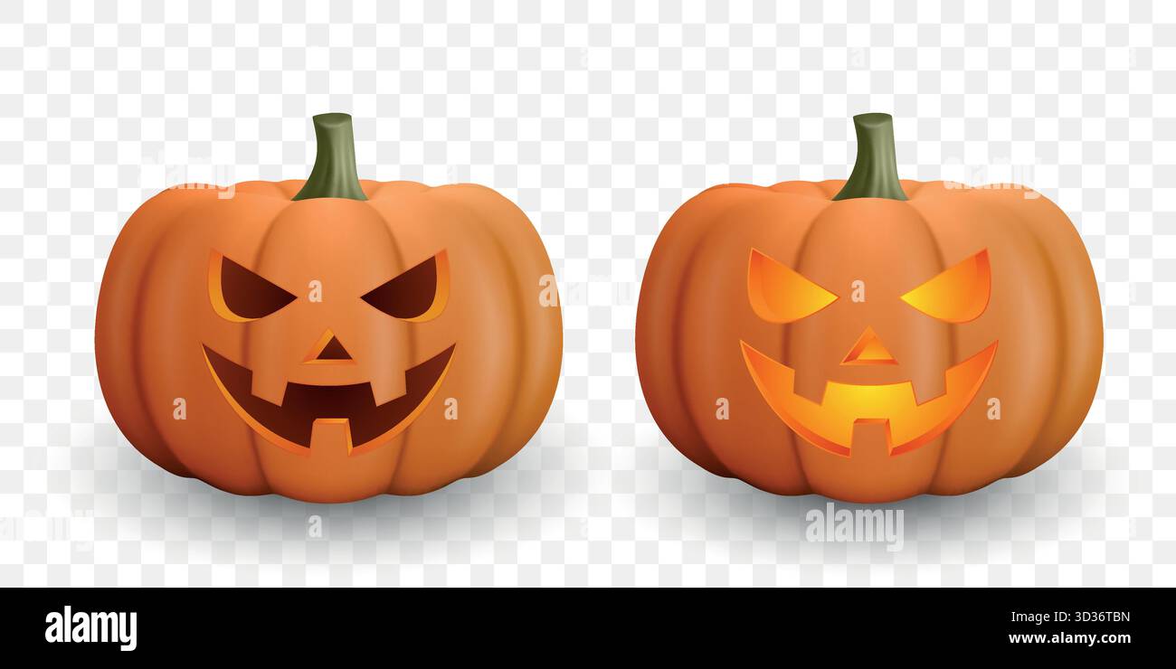 Vektor 3D realistische Halloween Kürbisse mit geschnitzten Gesichtern, isoliert. Zwei Jack O-Laternen, die in orangefarbenem Licht leuchten. Lustige Gruselkürbisse für Halloween Stock Vektor