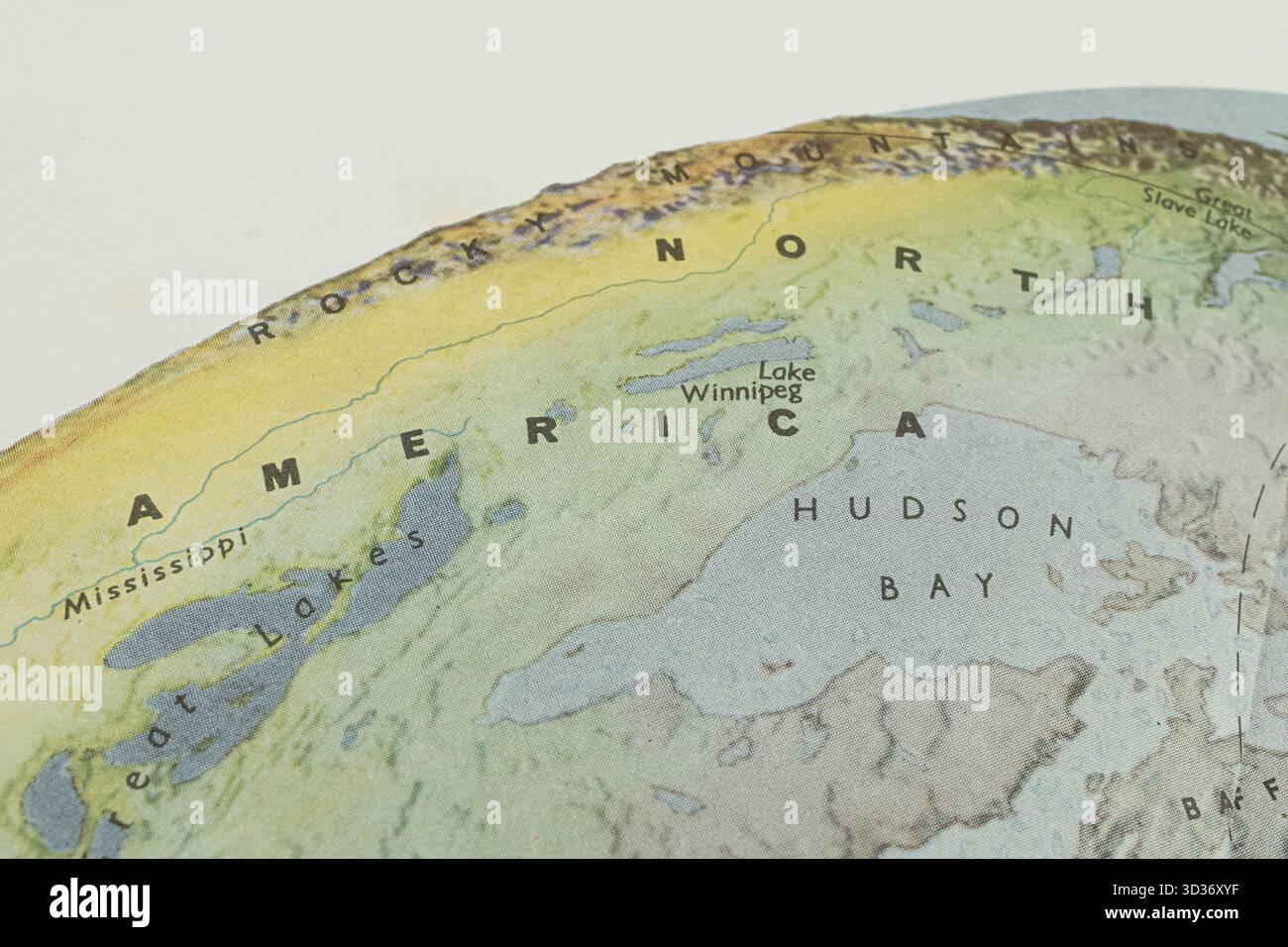 Dieses Bild zeigt einen Abschnitt einer orthographischen Projektionskarte, die die Geographie Nordamerikas zeigt, mit Kanada, Großen Seen, Hudson Bay und Arktis Arc Stockfoto