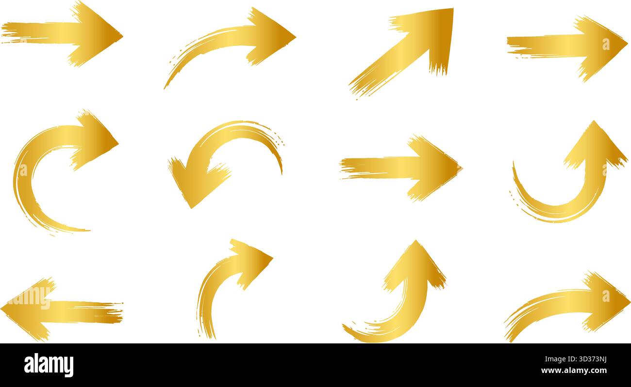 Goldene Pinselstrichpfeile Vektorsammlung isoliert auf weißem Hintergrund Stock Vektor