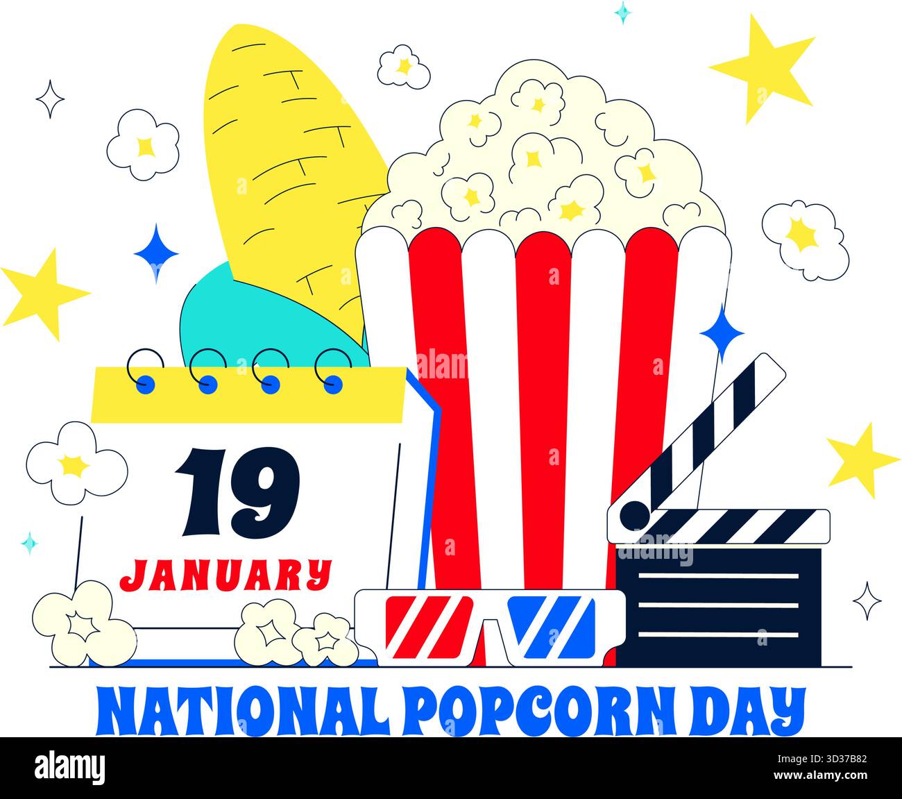 National Popcorn Day Vector Illustration am 19. Januar mit Einer Big Box Popcorn zum Genießen von Filmen in Einem flachen Stil Cartoon Hintergrund Stock Vektor