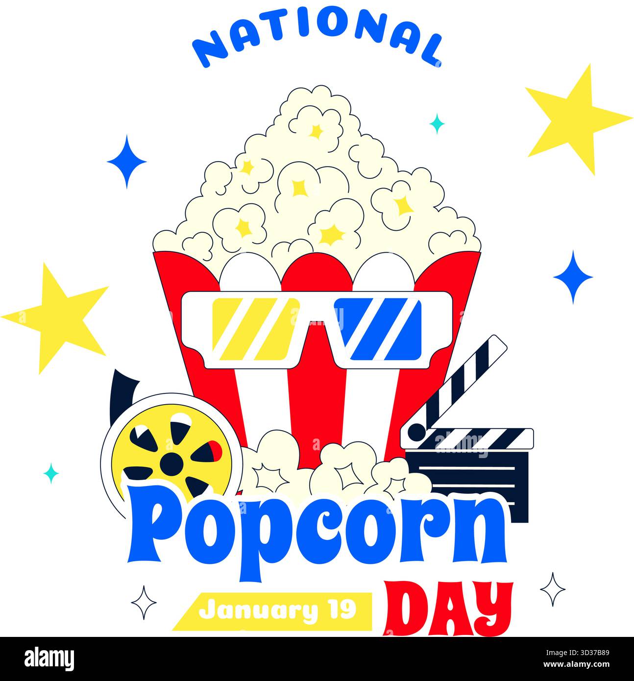 National Popcorn Day Vector Illustration am 19. Januar mit Einer Big Box Popcorn zum Genießen von Filmen in Einem flachen Stil Cartoon Hintergrund Stock Vektor