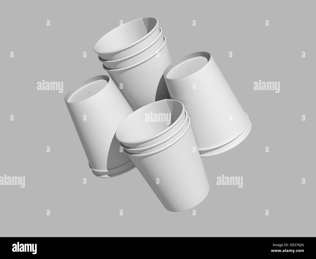 Gruppe von vier schwimmenden Kaffeetassen mit benutzerdefiniertem Design, die von oben gezeigt werden Stockfoto