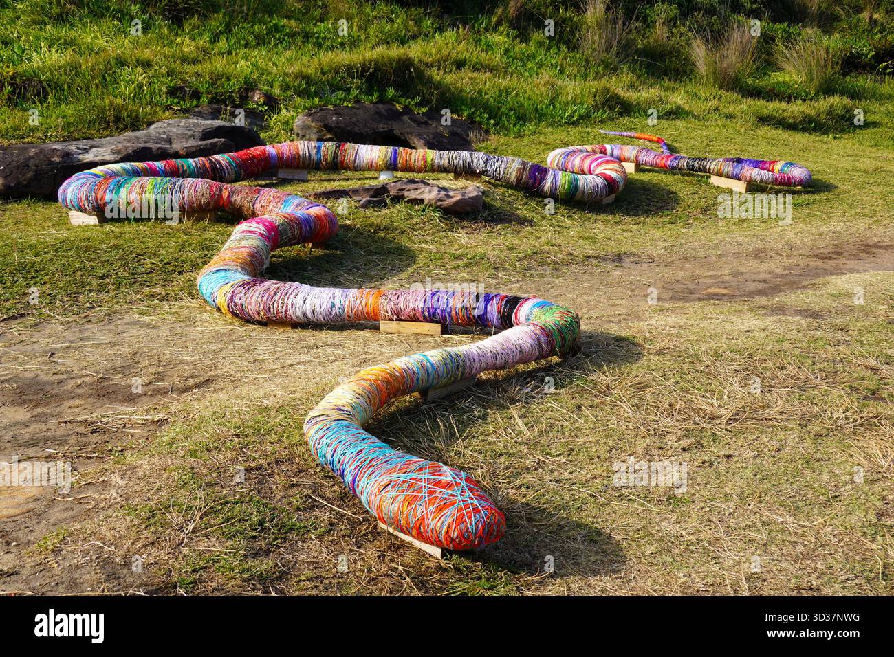 Sharyn Egans RAINBOW GRAS SCHLANGE Skulptur at SCULPTURE BY THE SEA 2025, Australien Stockfoto