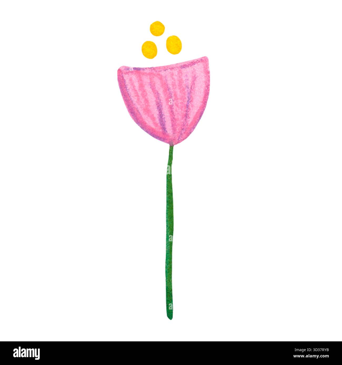 Abstrakte rosa Blume an einem Stiel. Handgezeichnete Aquarellillustration, Zeichentrick. Spiel, Kinder, Dekoration, Blütenblätter, Pflanze, Applikation Stockfoto
