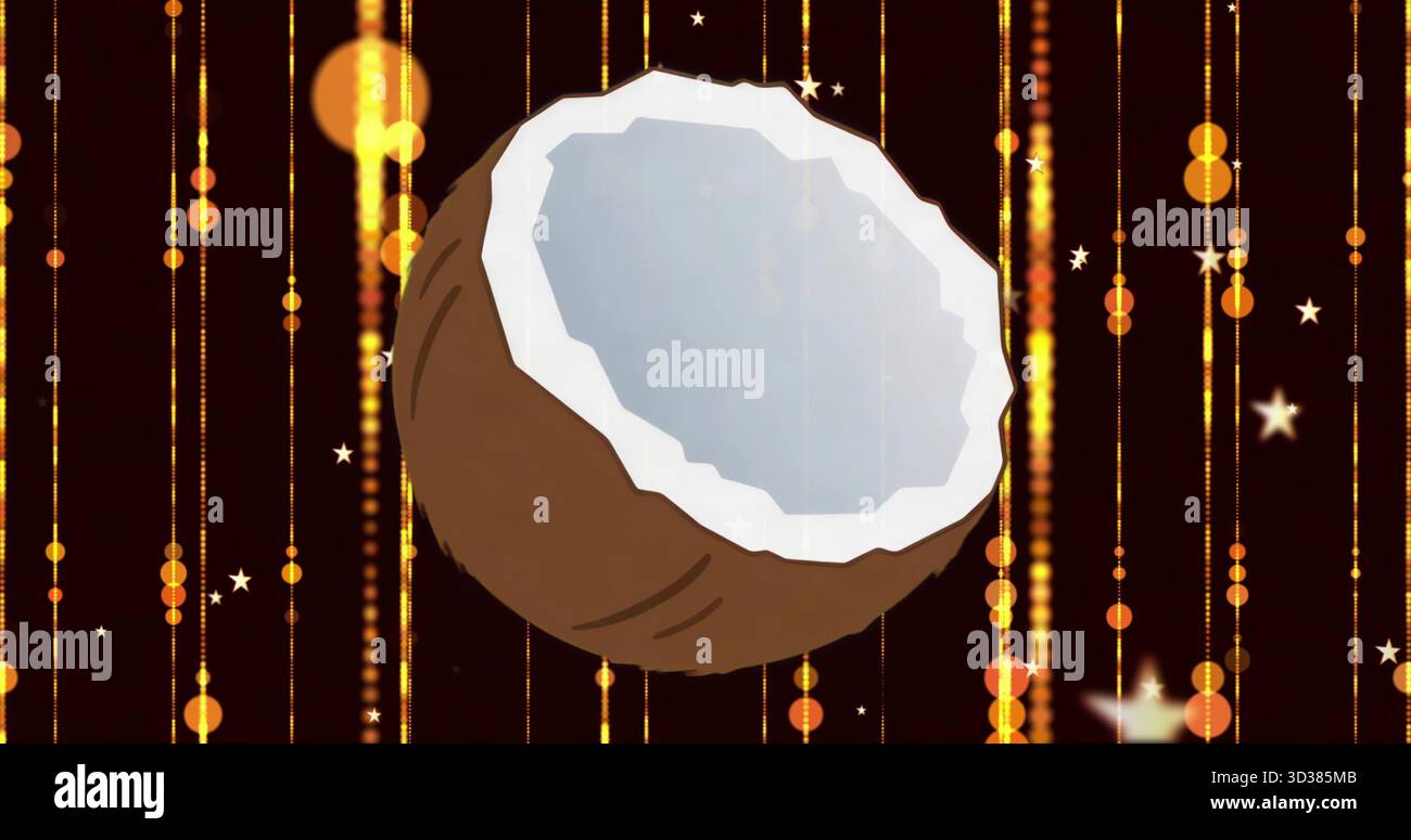 Schwebende halbe Kokosnussschale mit weißem Fleisch im abstrakten digitalen Studio, mit goldenen Lichtlinien Stockfoto