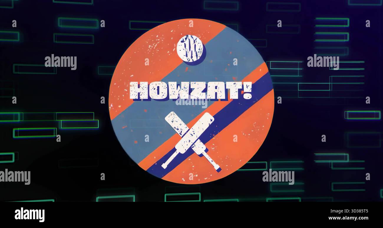 Kreisförmiges Logo auf digitalem Matrix-Hintergrund mit HOWZAT! Text, gekreuzte Schläger und Ball Stockfoto