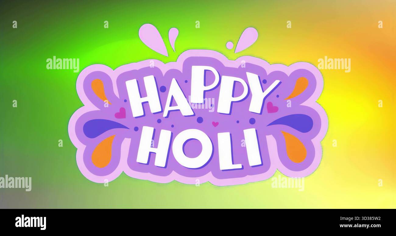 Zeigt eine violette Textblase mit der Aufschrift HAPPY HOLI auf verlaufendem Hintergrund, mit Tropfen und Herzen Stockfoto