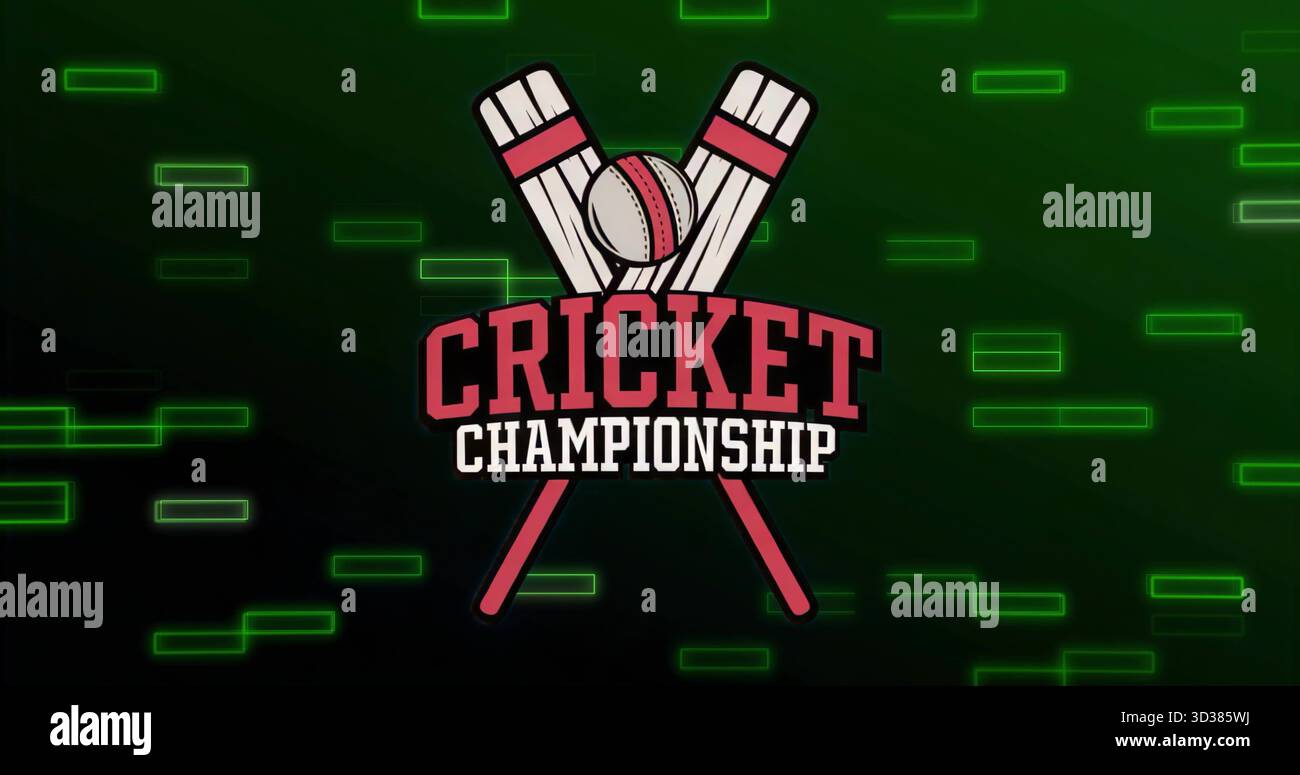 Cricket-Meisterschaft-Emblem mit gekreuzten Fledermäusen und Ball im digitalen Hintergrund mit neongrünen Balken Stockfoto