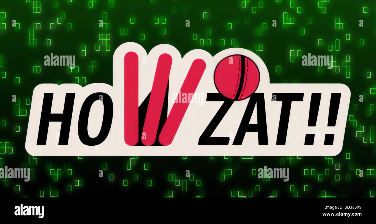 Schwimmender STYLE HOWZAT!! Logo auf dem Panel über dem Hintergrund mit leuchtenden Quadraten, roten Stümpfen und Ball Stockfoto