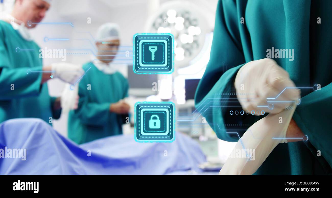 Ziehen am Handschuh geschrubbter Chirurg, der die Operation im OP vorbereitet, mit digitalen Schlüsselverriegelungssymbolen, im Kopierraum Stockfoto