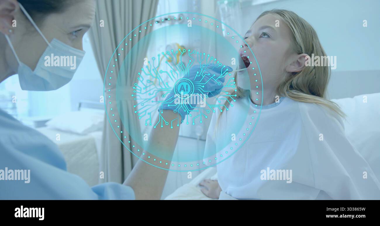 Verwenden Sie die Krankenschwester mit Maskenhandschuhen, um den Mund des Kindes auf dem Untersuchungstisch zu untersuchen, und kopieren Sie den Raum Stockfoto