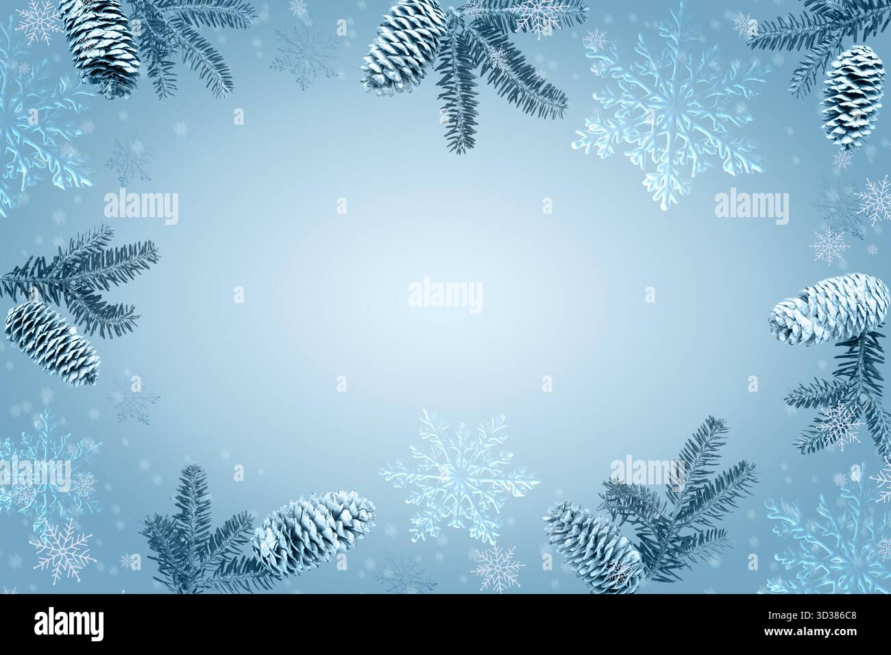 Eisblauer Hintergrund mit Schneeflocken und Tannenzapfen an den Kanten, ideal für Winterferienthemen und -Karten. Stockfoto