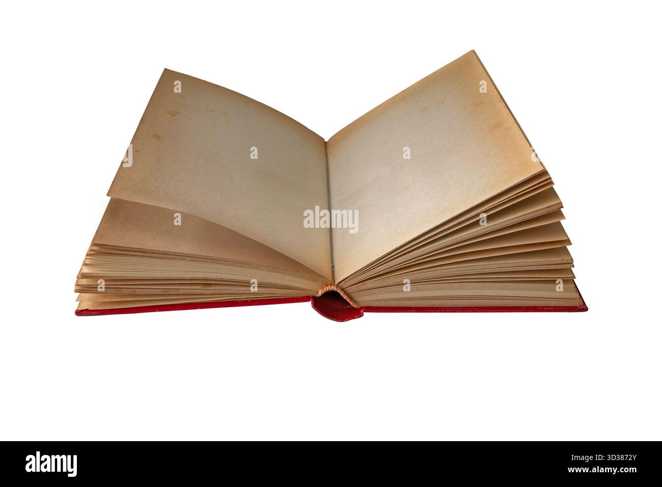Ein offenes Vintage-Buch mit alten leeren Seiten auf weißem Hintergrund. Antike Papierstruktur mit abgenutzten Kanten und Flecken. Perfekt für den Unterricht, beleuchtet Stockfoto