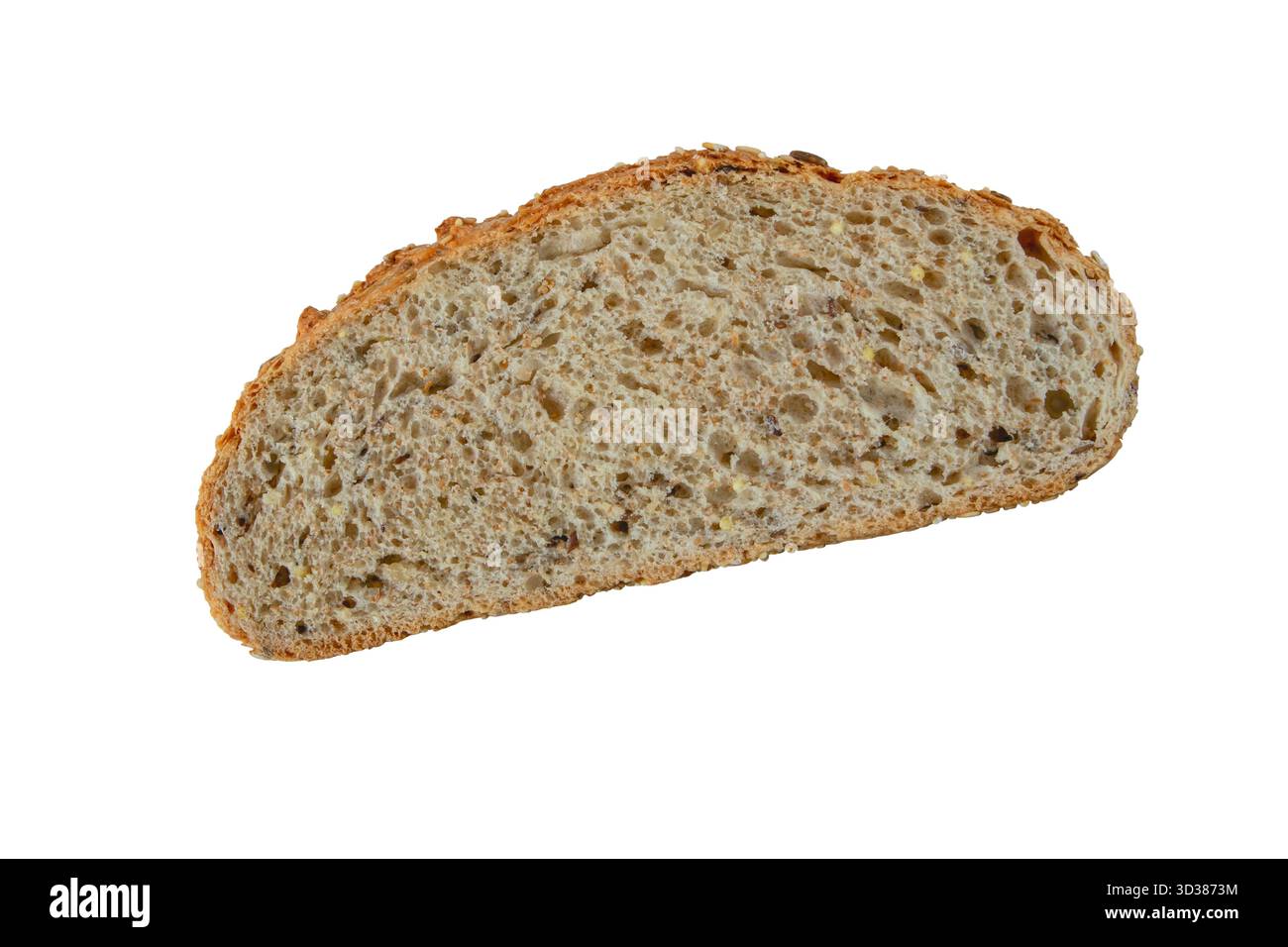 Draufsicht einer Sauerteigbrotscheibe mit verschiedenen Samen, isoliert auf weißem Hintergrund. Perfekt für Bäckereiaktionen, gesunde Lebensmittelkonzepte, Produkt p Stockfoto