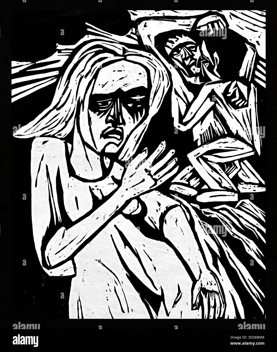 Hermann Scherer - Baal - Bertolt Brecht - 1925 - die Szene, die in einem für Holzschnitte typischen Schwarz-weiß-Stil ausgeführt wird, zeigt zwei Figuren. Im Vordergrund blickt eine Frau mit langen, fließenden Haaren und einem verstörten Ausdruck direkt auf den Betrachter, wobei ihre Hände in einer defensiven oder flehenden Geste angehoben werden. Im Hintergrund wird ein Mann, vermutlich Baal, in einer hockenden oder sitzenden Position gezeigt, mit einer anderen Figur hinter ihm, möglicherweise in einem Kampf oder Umarmung. Die Gesamtkomposition ist chaotisch und emotional, mit scharfen, zerklüfteten Linien und starken Kontrasten, die ein Gefühl von Spannung und Angst erzeugen. Stockfoto