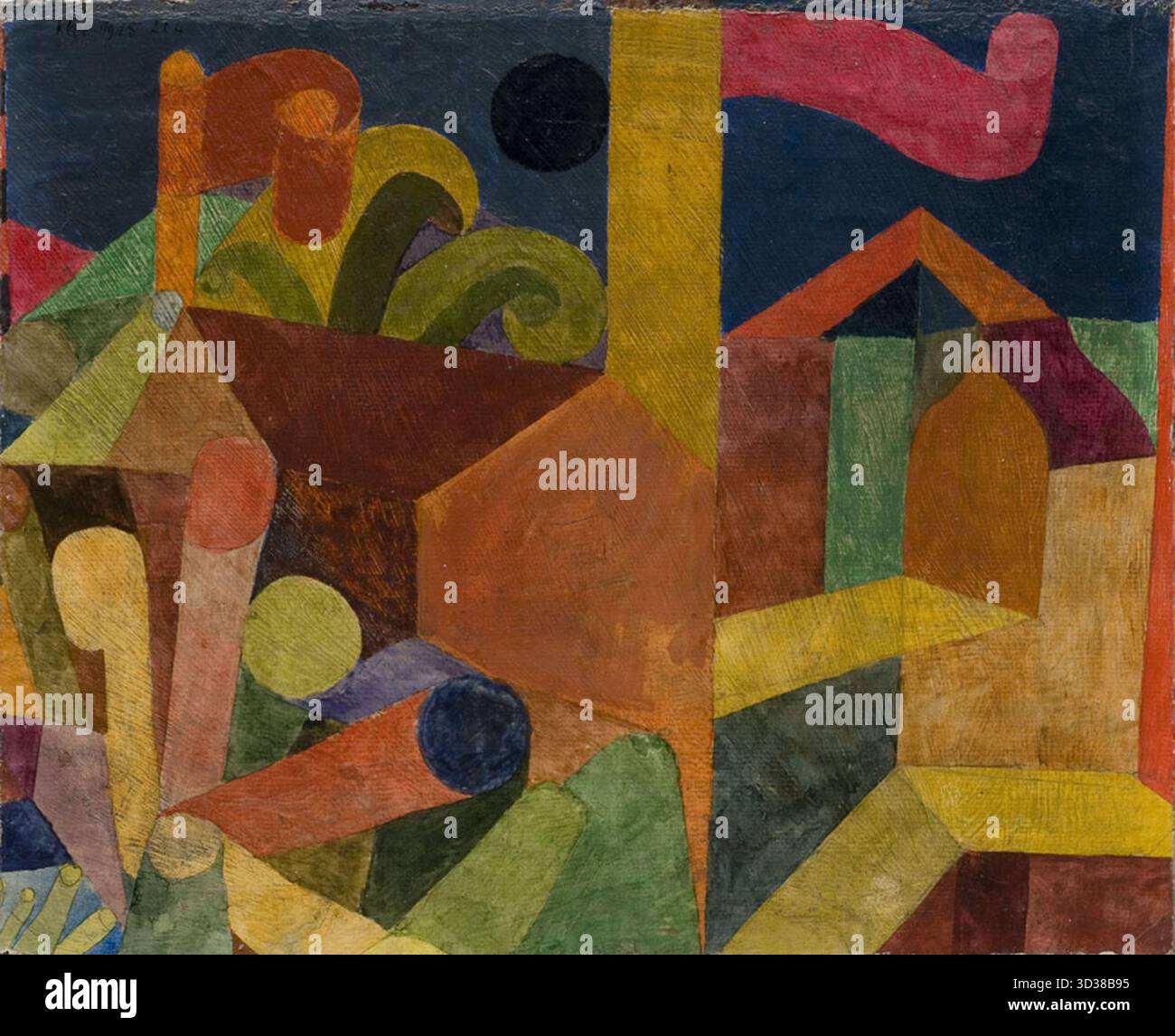 Titel: Paul Klee – Landscape with Flags (Landscape with Flags) (1915) Beschreibung: 1915 Landscape with Flags (Landscape with Flags) (Landscape with Flags, auch bekannt als Houses with Flags) ist ein anschauliches Beispiel für Paul Klees abstrakten Stil, der geometrische Formen mit symbolischer Farbe verbindet. Das Werk entstand während einer Transformationsphase in Klees Karriere und spiegelt seine Bewegung hin zu expressiver Abstraktion und sein Interesse an Rhythmus, Struktur und emotionaler Resonanz durch Farbe und Form wider. Stockfoto
