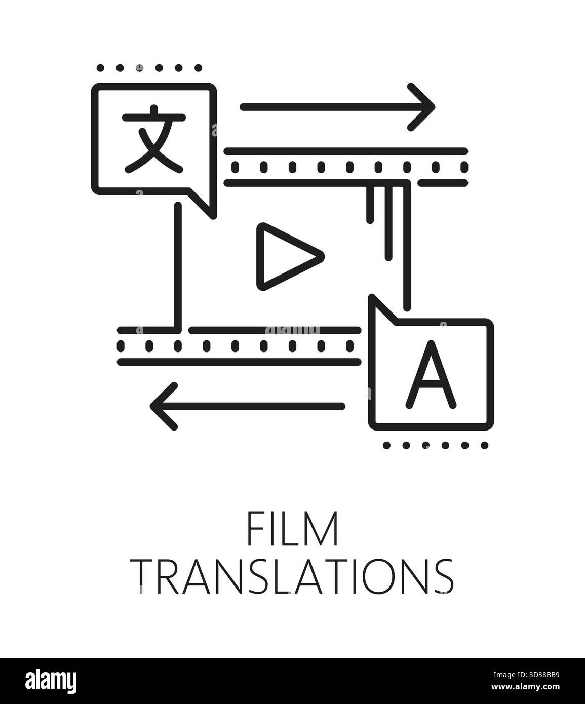 Englischsprachige Filmübersetzungslinie oder -Zeichen. Sprachvokabular dünne Linie Vektor Piktogramm, englische Übersetzung Symbol. Übersetzungsschild für Fremdsprache mit Filmfilm und Wiedergabetaste Stock Vektor