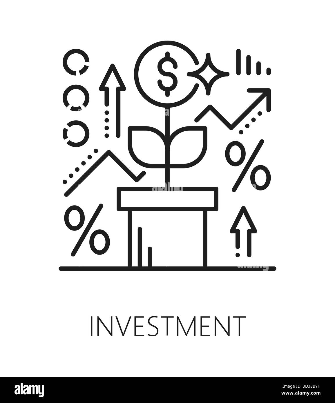 Symbol oder Piktogramm für „Investment Life Skills“. Persönlichkeit Leben Fähigkeiten lineares Vektorsymbol, menschliche Qualität Umrisspiktogramm. Das Symbol für die Investitionsfähigkeit der Menschen mit einer Geldblume, die im Blumentopf wächst Stock Vektor