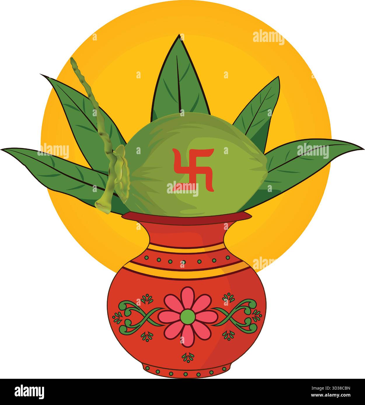 Indische traditionelle Kalash mit Kokos- und Swastik-Symbol Stock Vektor