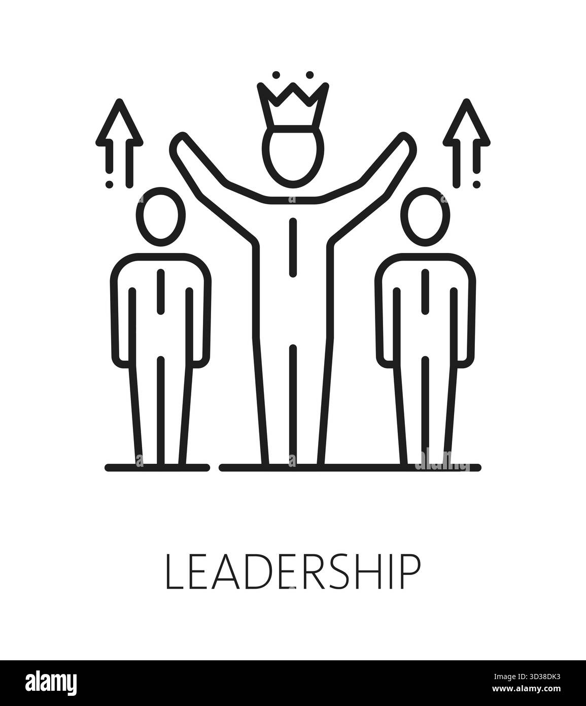 Symbol oder Piktogramm für Führungsqualitäten im Leben. Lineares Vektorzeichen in Menschenqualität, Piktogramm für Führungsfähigkeiten. Symbol für persönliches Potential oder Lebensfähigkeiten mit Teamleiter mit Krone Stock Vektor