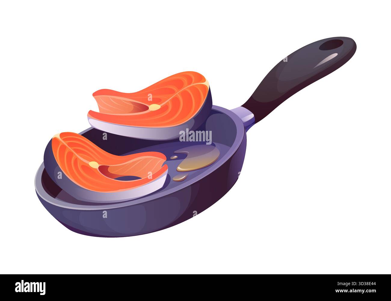 Cartoon zwei Lachssteaks in einer Pfanne mit Öl. Vektor-frischer Fisch kochen Prozess in einer modernen Küche isoliert auf weißem Hintergrund. Meeresfrüchte Rezept Zubereitung, gesunde Lebensmittel kochen kulinarischen Prozess Stock Vektor